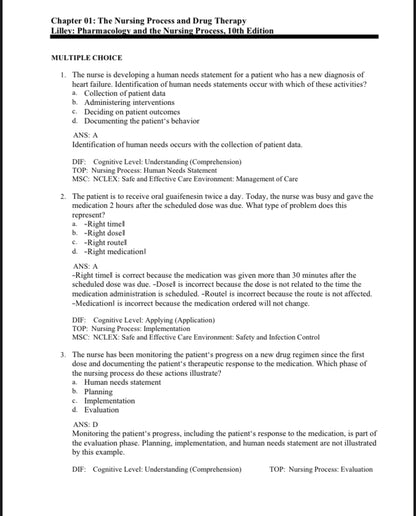 Test bank  Pharmacology and the Nursing Process, 10th Edition by Lilley