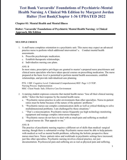 Test Bank Varcarolis' Foundations of Psychiatric-Mental Health Nursing A Clinical 9th Edition by Margaret Jordan Halter