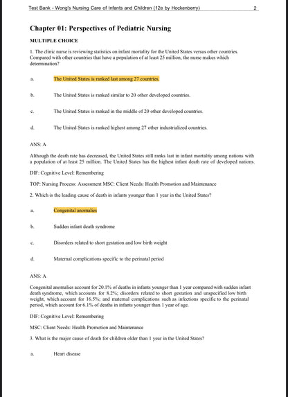 TEST BANK  Wong's Nursing Care of Infants and Children (12e by Hockenberry)